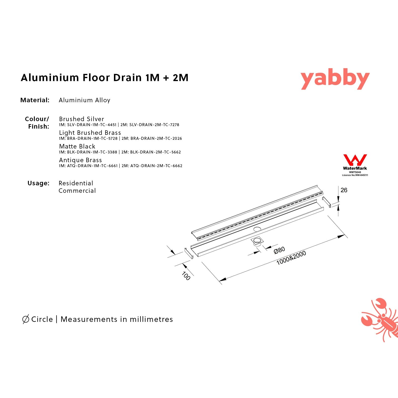 TileCloud TAPWARE Aluminium Floor Drain 1M Matte Black