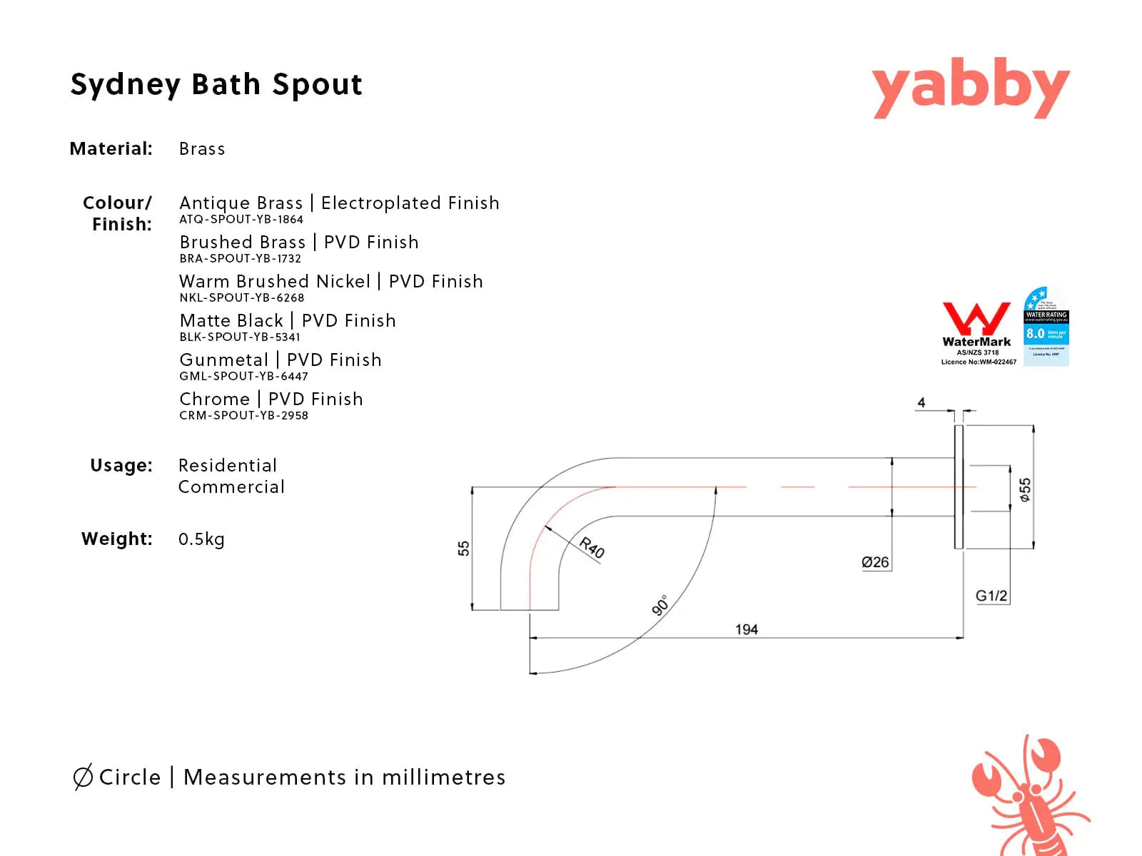 Yabby TAPWARE Sydney Wall Spout Brushed Brass