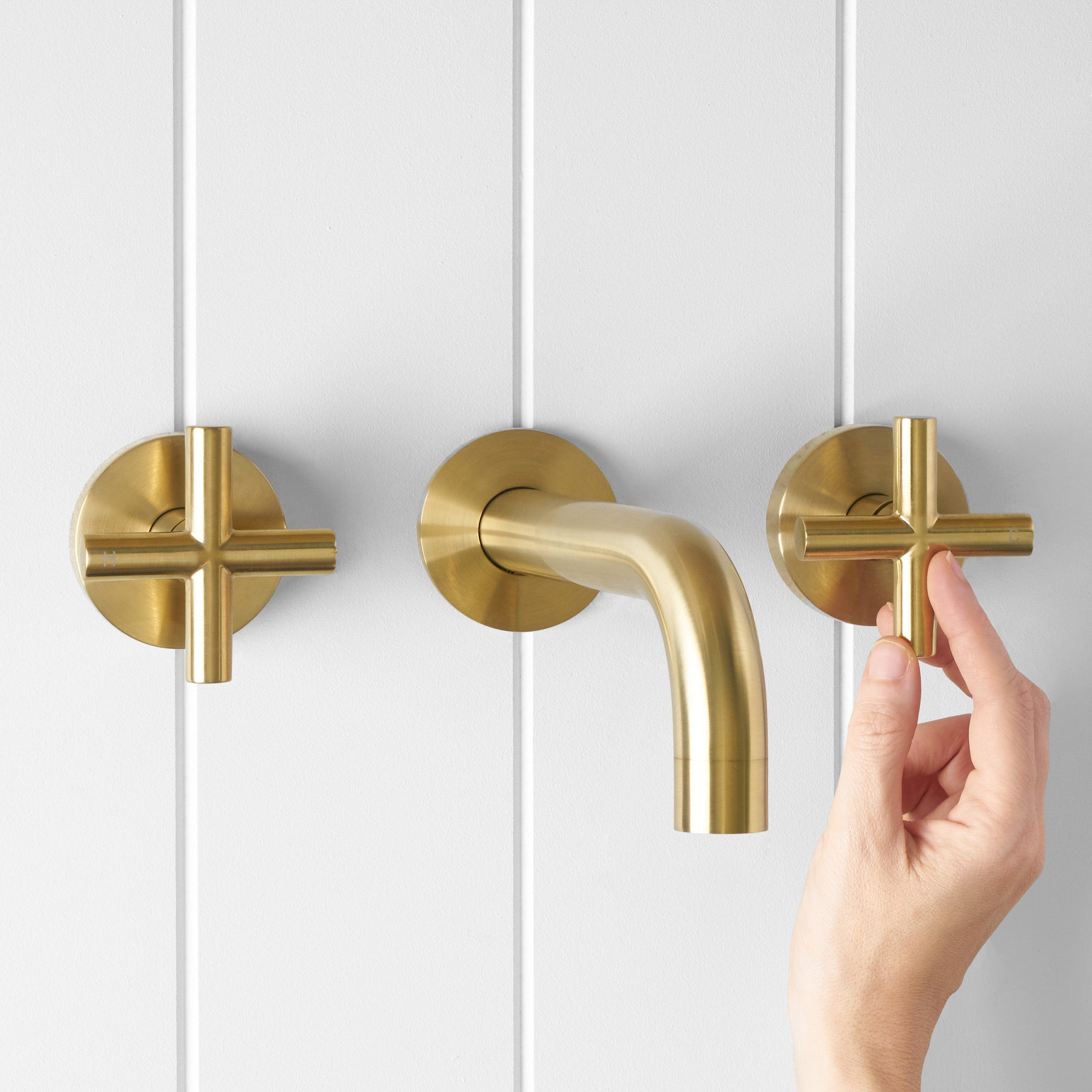 Yabby TAPWARE Wall spout + Cross taps Brushed Brass