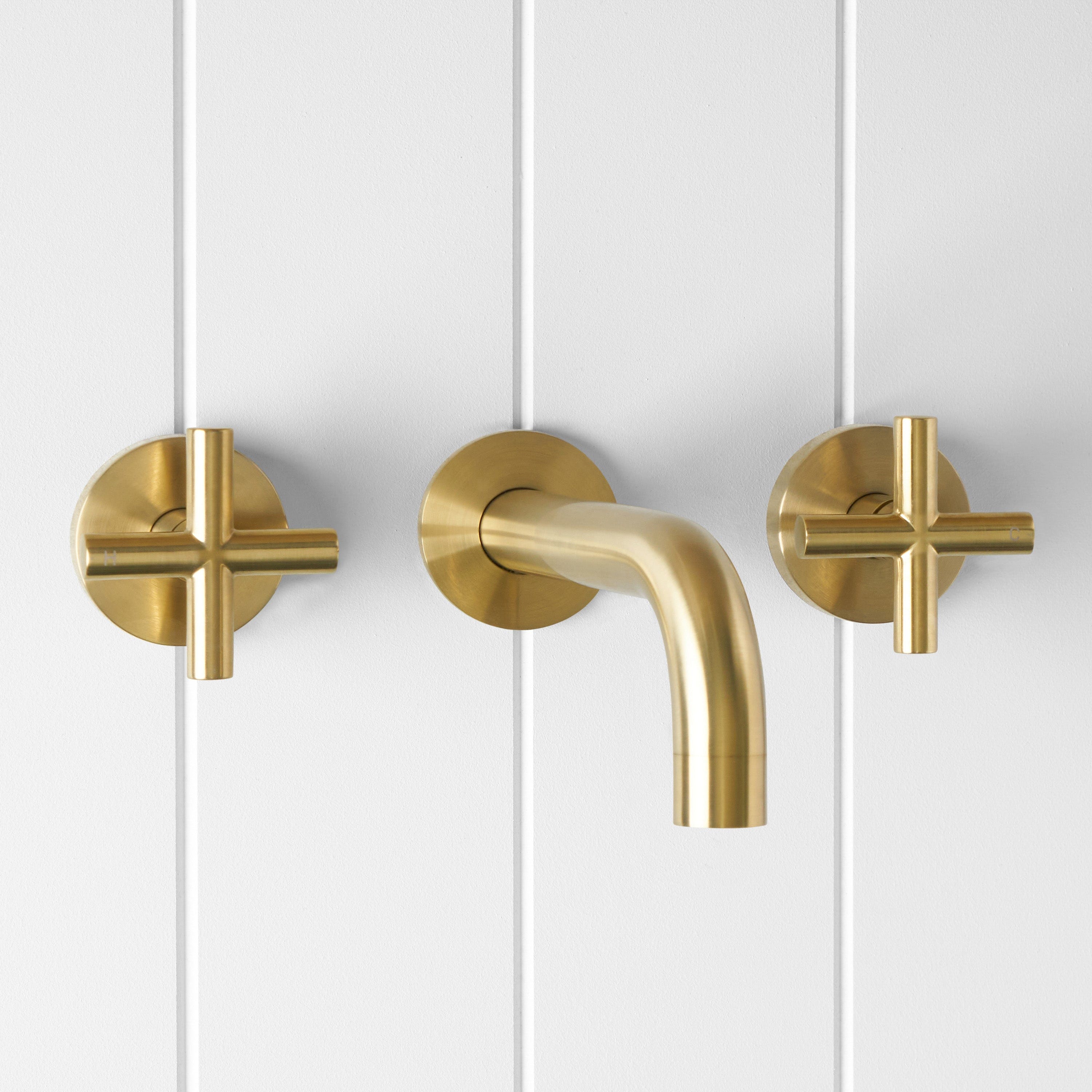 Yabby TAPWARE Wall spout + Cross taps Brushed Brass