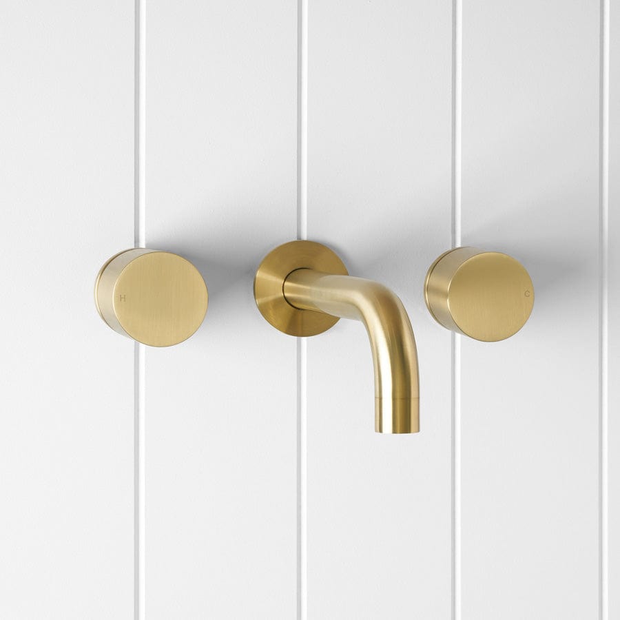 Yabby TAPWARE Wall Spout + Round Wall Taps Brushed Brass