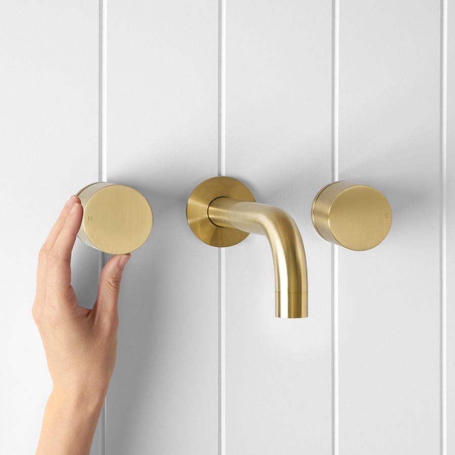 Yabby TAPWARE Wall Spout + Round Wall Taps Brushed Brass