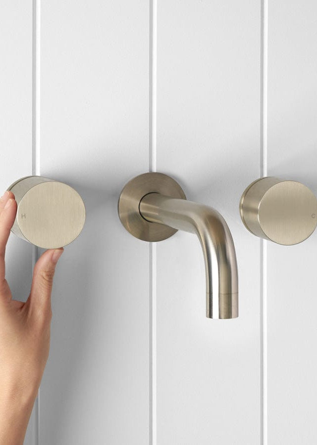 Yabby TAPWARE Wall Spout + Round Wall Taps Warm Brushed Nickel