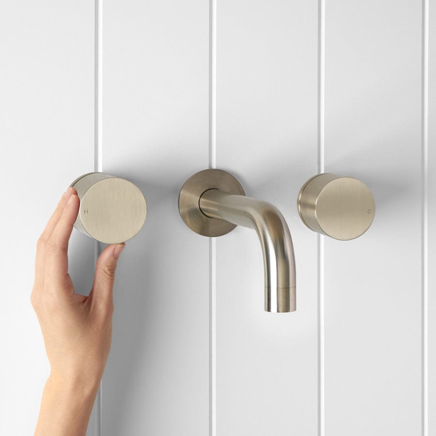 Yabby TAPWARE Wall Spout + Round Wall Taps Warm Brushed Nickel