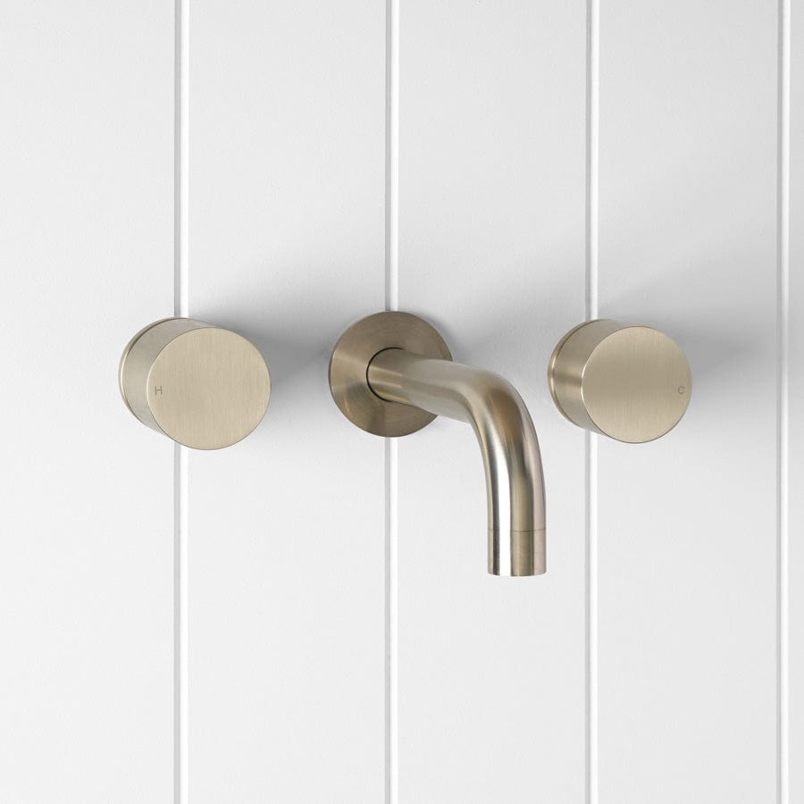 Yabby TAPWARE Wall Spout + Round Wall Taps Warm Brushed Nickel