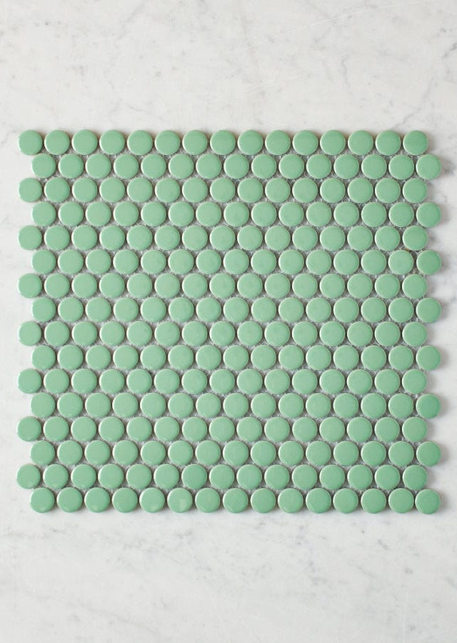 Pacific Greenwood TILE Broadwater Green Gloss Penny Round Mosaic Tile