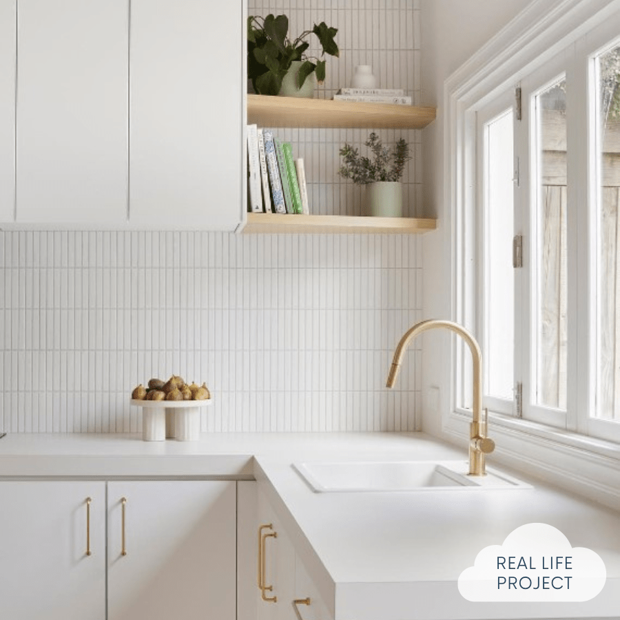 kitchen with white kit kat splashback tiles