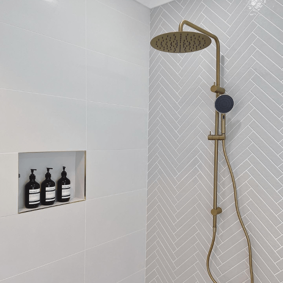 bathroom with brushgrove white tiles