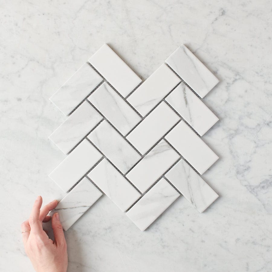 Pacific Greenwood TILE Tully Heads Carrara Matte Herringbone Tile