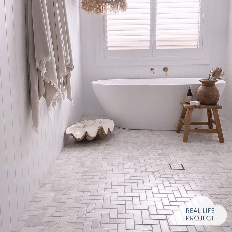 Pacific Greenwood TILE Tully Heads Carrara Matte Herringbone Tile